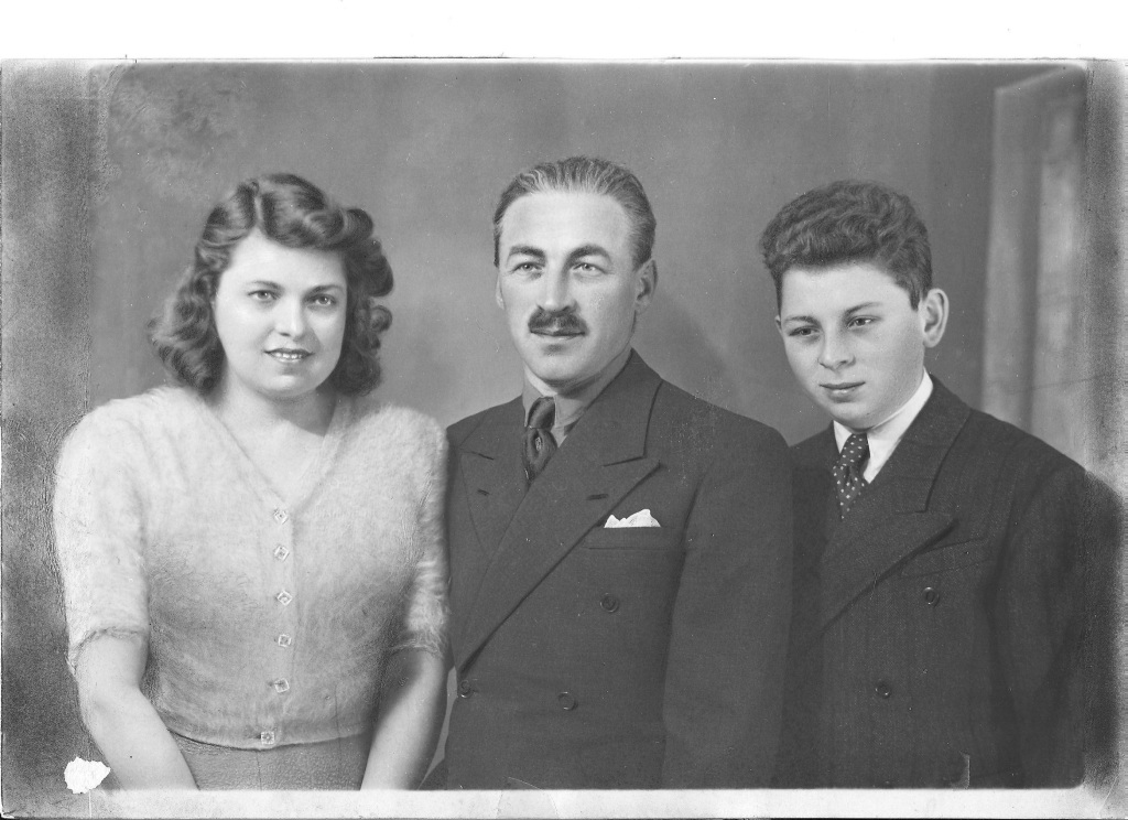 Andrea Gabossy's Grandparents ("Laszlo and Olga") & Dad, 1946.